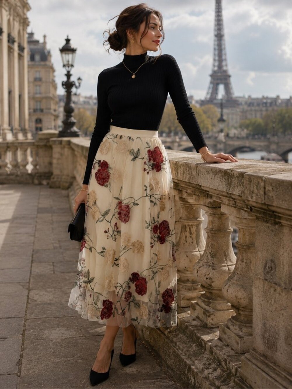 Embroidered Floral Mesh Midi Skirt | Ivory & Burgundy | Elastic Waist | XL